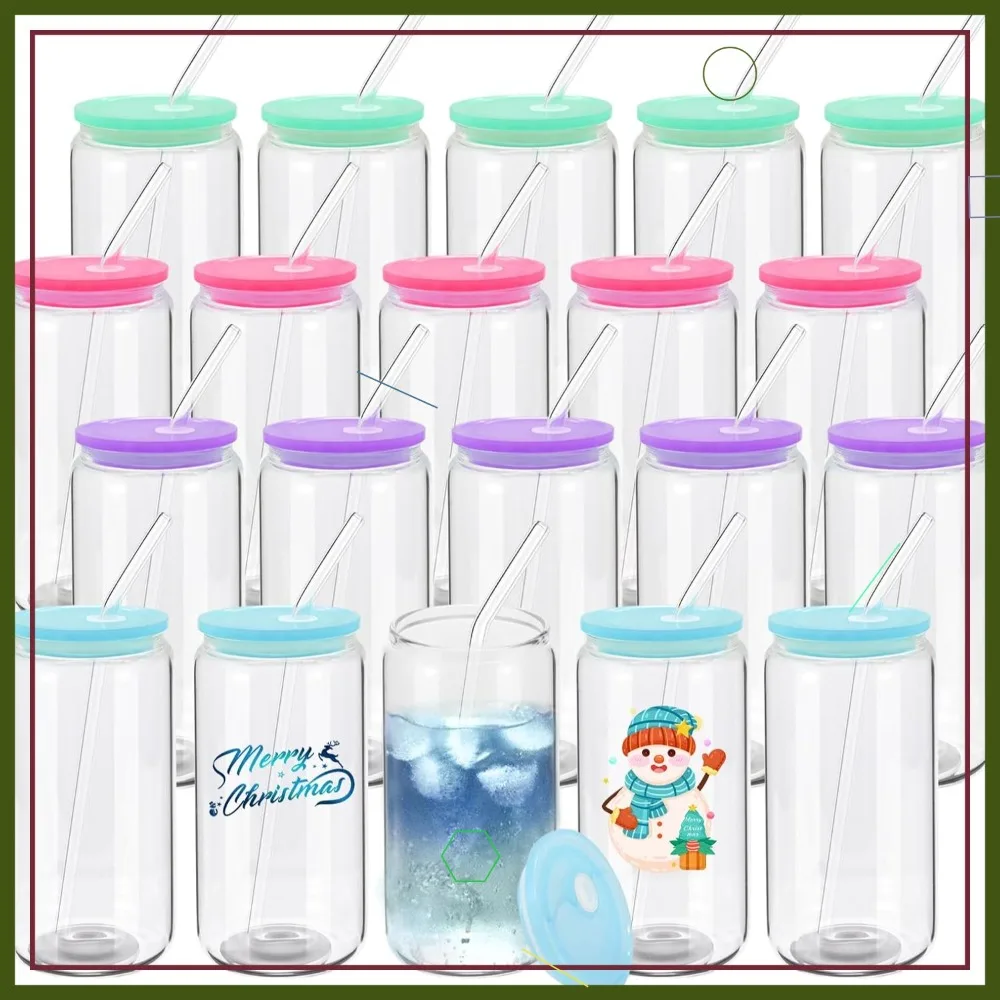

20 Pack Beer Can Shaped Glass Cups with Lids & Straws, Reusable 16oz Tumblers for Drinks
