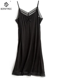 Birdtree Real Silk Blend Slip Dress Women's Loose V-neck Sexy Breathable Lace Panels Soft And Skin-friendly Summer P39206QD