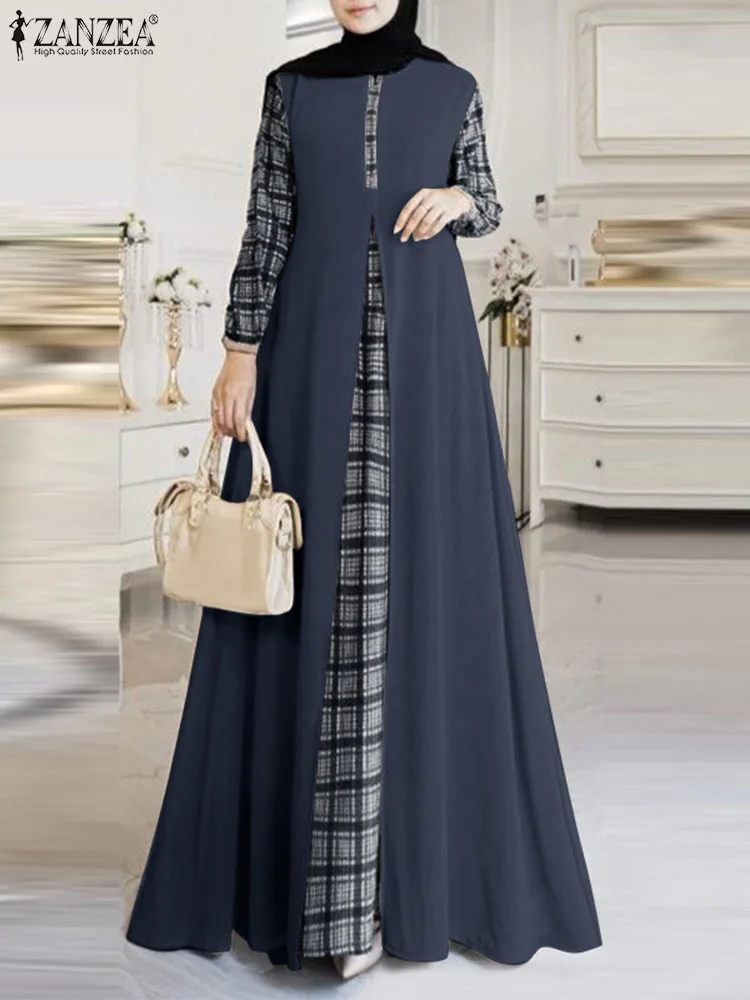 ZANZEA Women Long Sleeve Plaid Checked Muslim Dress Abaya Fashion Patchwork Sundress Robe Femme Hijab Vestidos IsIamic Clothing