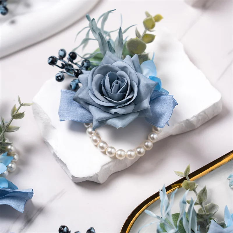 Dusty Blue Wrist Corsage Wedding Bracelet for Bridesmaid 6pcs Silk Wrist Corsage Bridesmaid Sisters Girl Hand Flowers Wristlet image 3