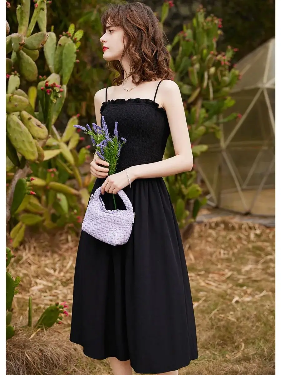 LOUIS YAO Women Slip Dress Holiday Style 2024 Summer Pleated Dress A-LINE Slim Fit Casual Black Long Dress