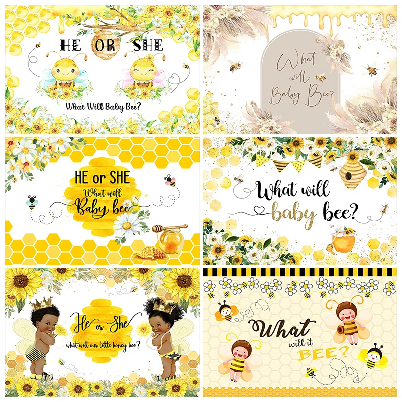 Mocsicka He Or She Gender Reveal Photography Background Baby Shower Boy Girl Birthday Backdrop Yellow Bee Sunflower Decor Banner