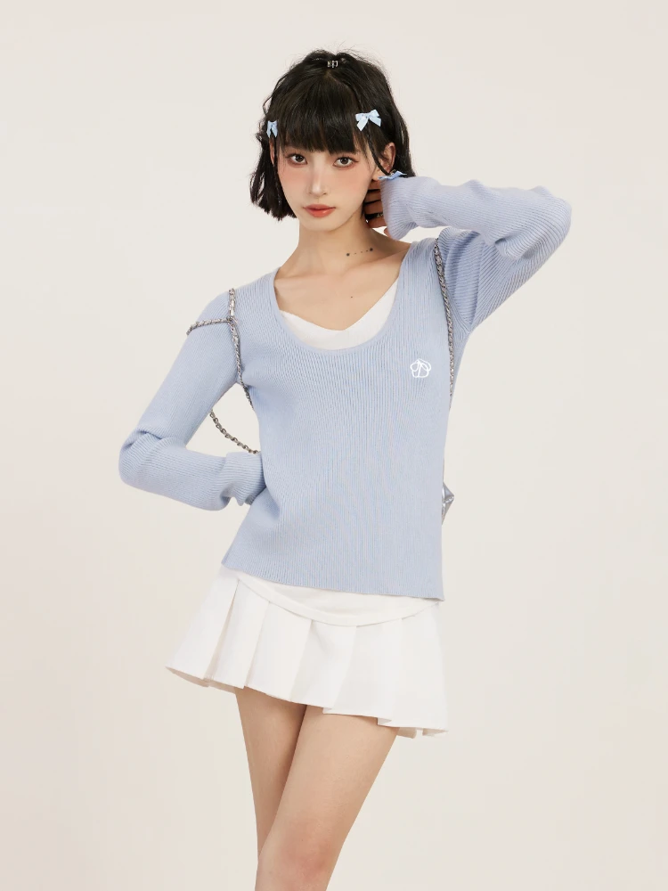 

Long-Sleeved Sweater Blue Fake Two-Piece V-neck Spring and Autumn Slim Fit Inner Wear Bottoming Shirt Top Fashion All-Matching