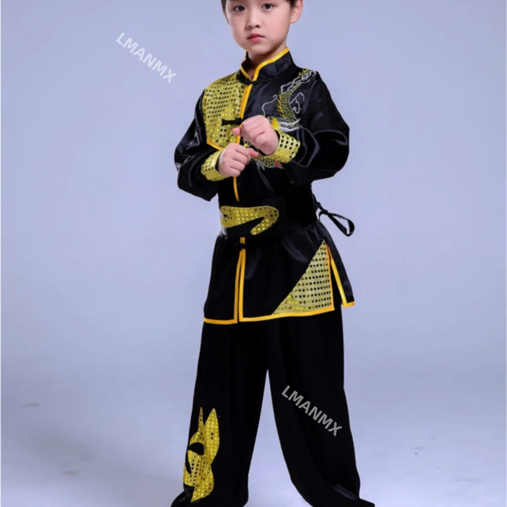 Child Boys Girls Children Chinese Traditional Sequin Dragon Embroidery Wushu Tai Chi Kung Fu Uniforms Stage Performance Outfits