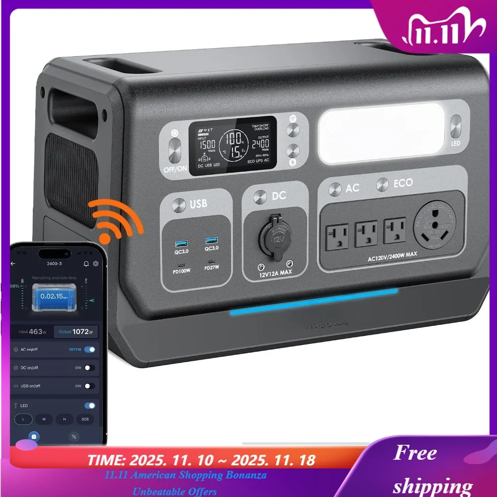 

Электростанция LiFePO4 мощностью 2400 Вт, солнечный генератор 2048 Втч с зарядкой переменного тока мощностью 1500 Вт и солнечной зарядкой мощностью 1200 Вт, расширяемый до 10,24 кВтч,