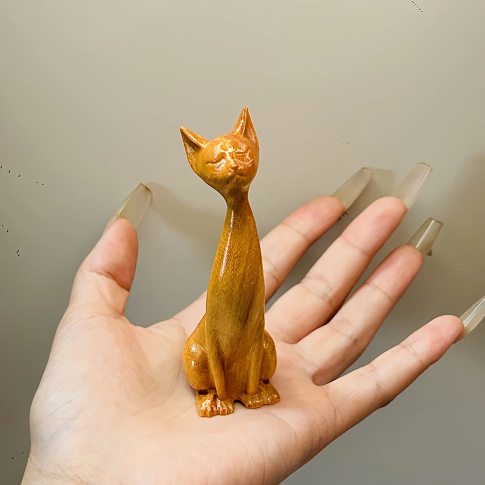 Wooden Cat Sculpture with Closed Eyes and Raised Head, Hand-Carved, Simple Home Decor, Creative Gift, Indoor Tabletop Ornament