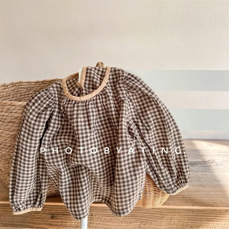 2024 Spring Autumn New Baby Girls Plaid Cute Print Blouse Children Cotton Linen Clothes Infant Long Sleeve Shirts Girl Clothing