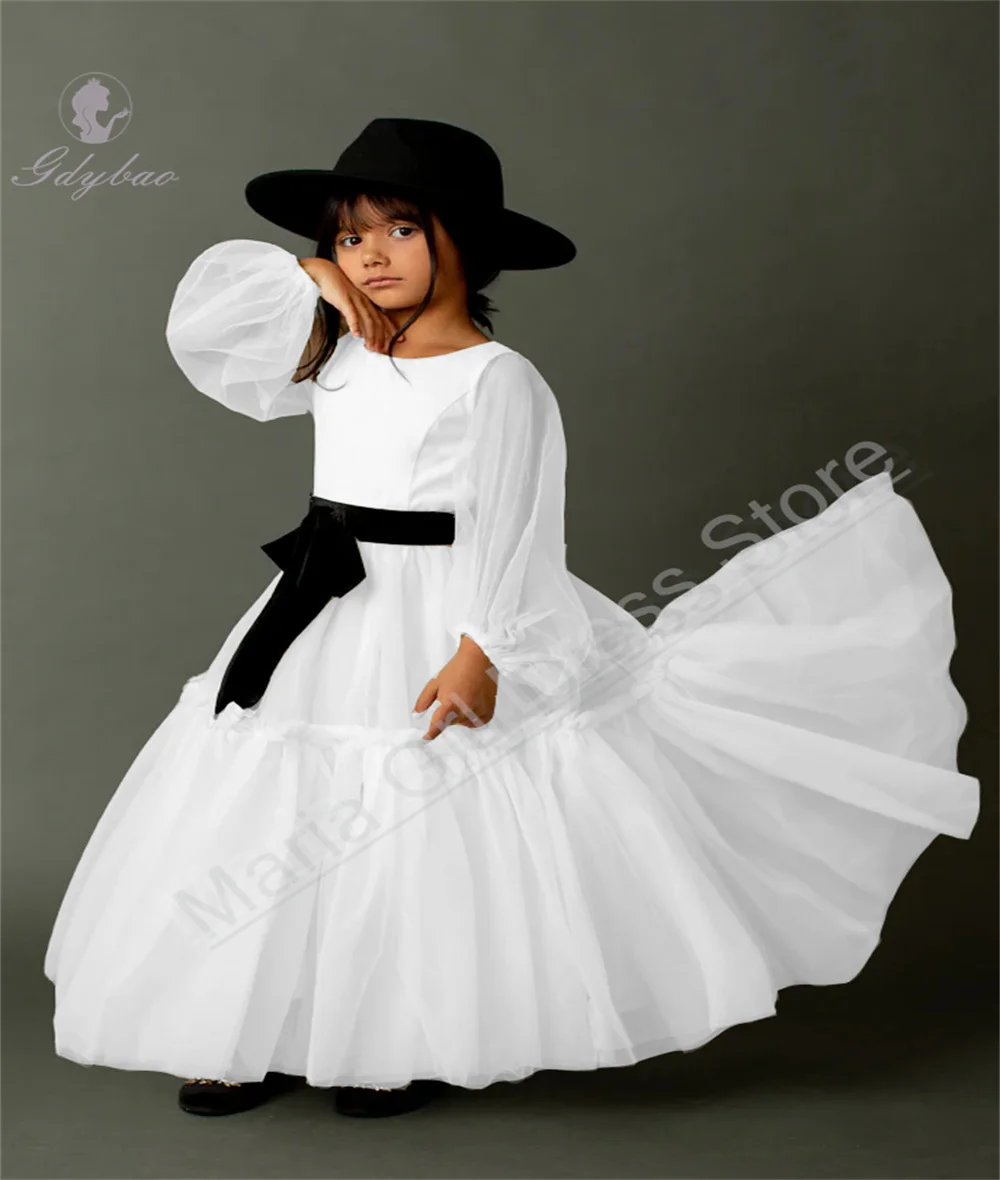 Elegant Sheer Long Sleeve Champagne Flower Girl Dress Fluffy Communion Suitable For Children's Birthday Party Dresses