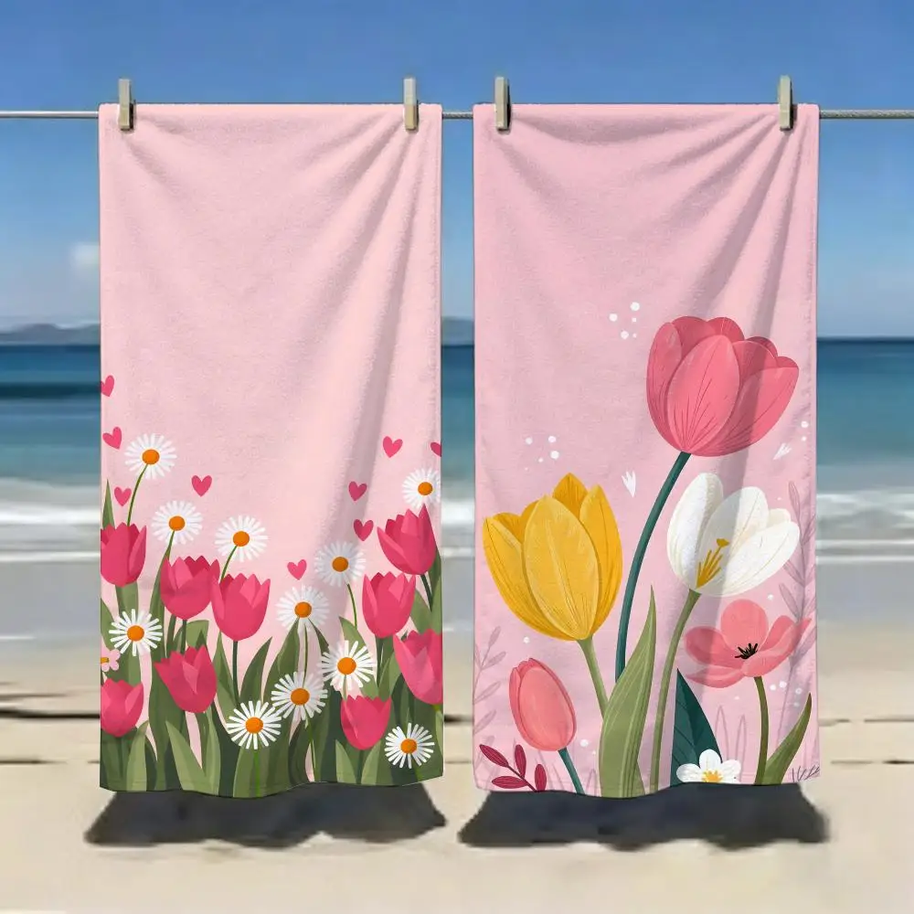 Soft Tulip Floral Pattern Towel Microfiber soft Beach Towel for Travel Fitness Sauna Bathing Camping