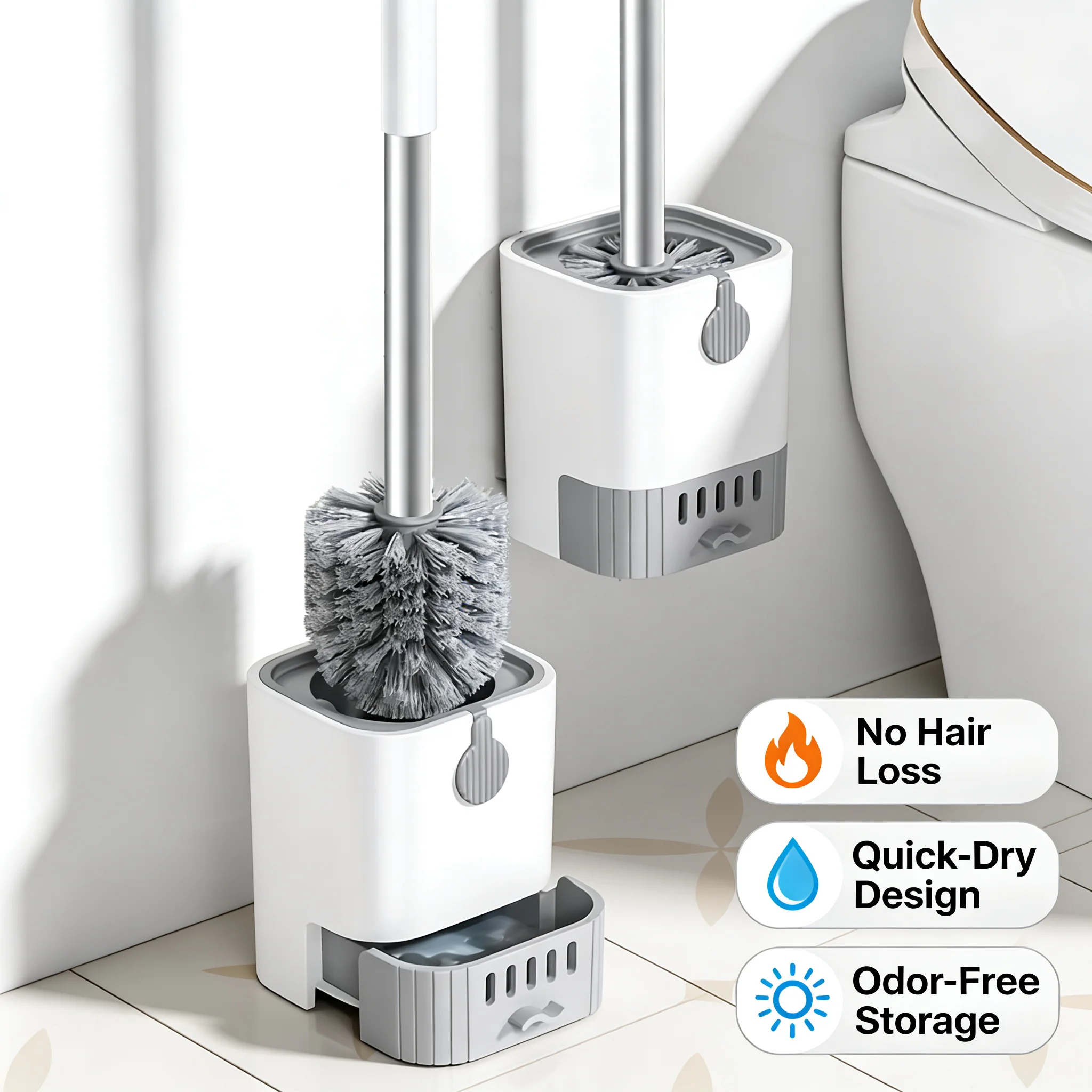 

Two-step Install Toilet Brush Wall Mounted No Drill Dirt Resistant Deep Clean Bristles For Bathroom Toilet Bowl