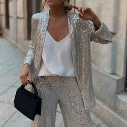 Autumn Sequin Sparkling Casual Elegant Vacation Set Y2K Sparkling Cardigan Long Sleeved Top & Wide Leg Pants Christmas Suit  New