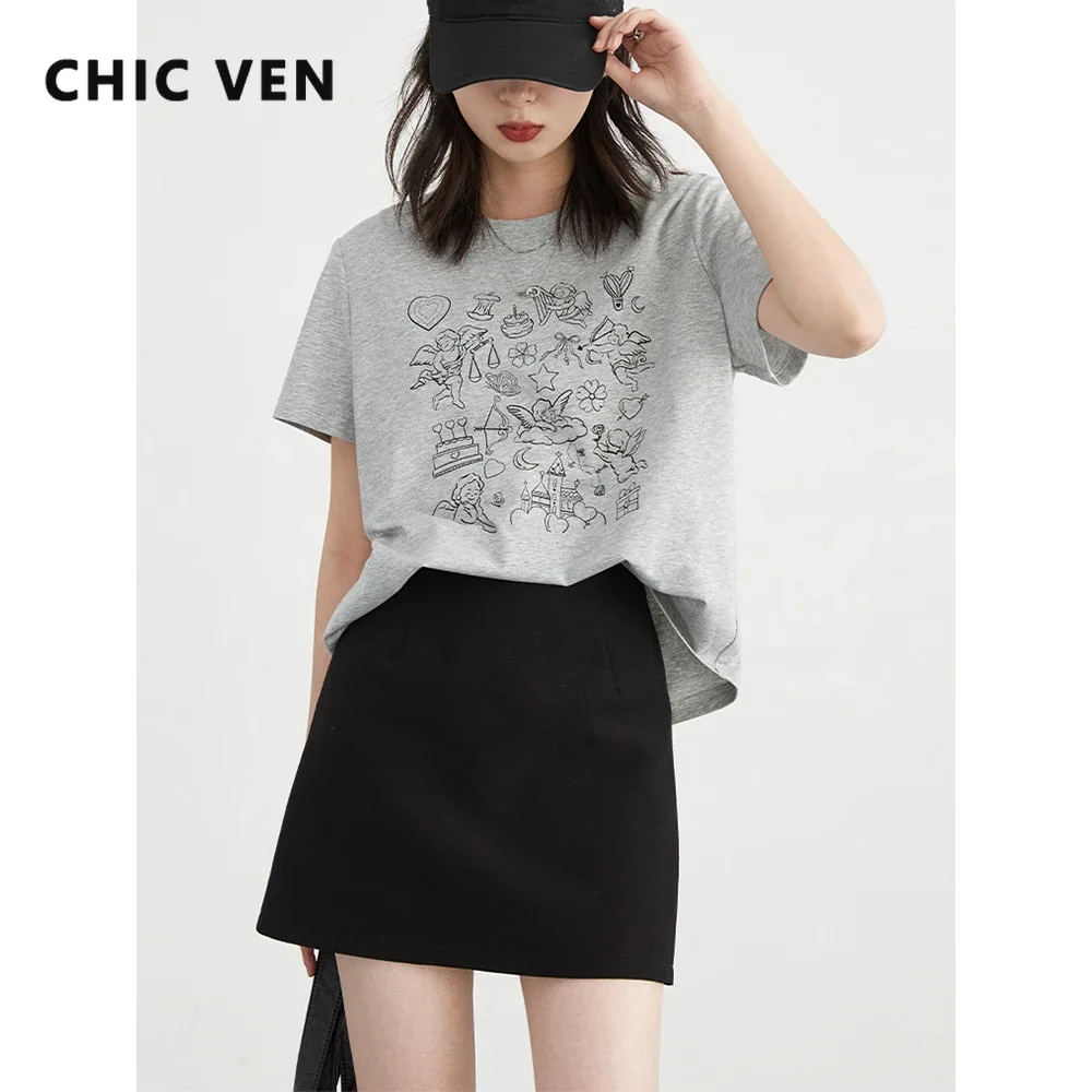 

CHIC VEN Korean Women T-Shirts Loose New Korean O Neck Short Sleeve Printed Girl Tees Slim Female Top Summer 2025