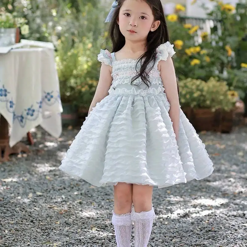 Toddler Light Blue Frilly Lolita Dress Sling Layered Ruffle Tulle Gown Girls Garden Party Photoshoot Cute Princess Outfit
