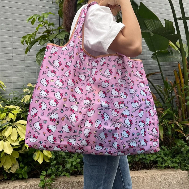 

New Kawaii Sanrio Hello Kitty Large Capacity Portable Cartoon Green Carry-on Bag Foldable Supermarket Grocery Daily Necessities