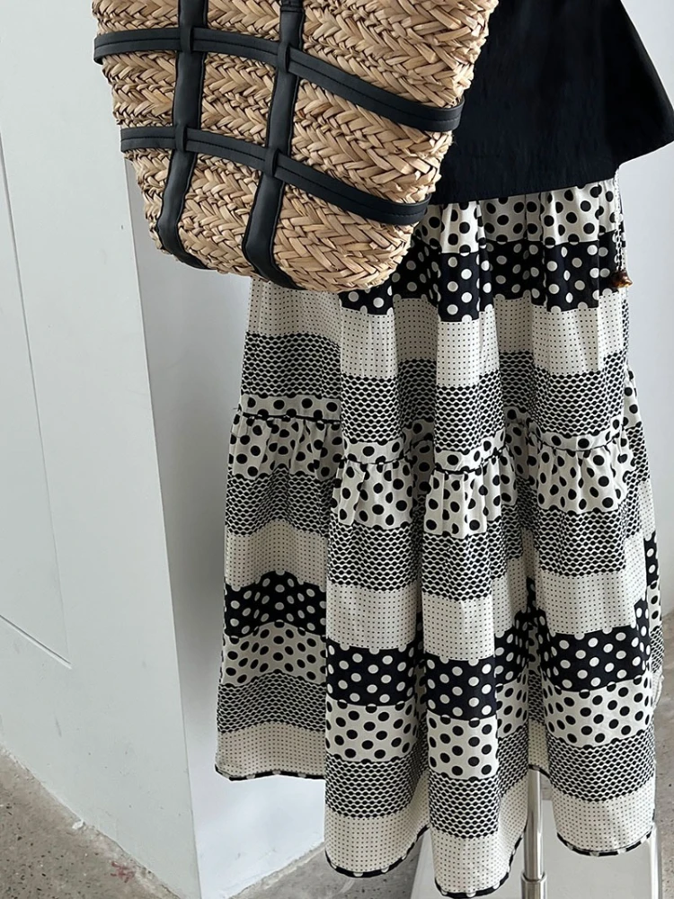 Jupe mi-longue vintage en patchwork à pois pour femme, taille haute, jupe fluide trapèze en noir/blanc, tenues quotidiennes, de bureau ou de vacances