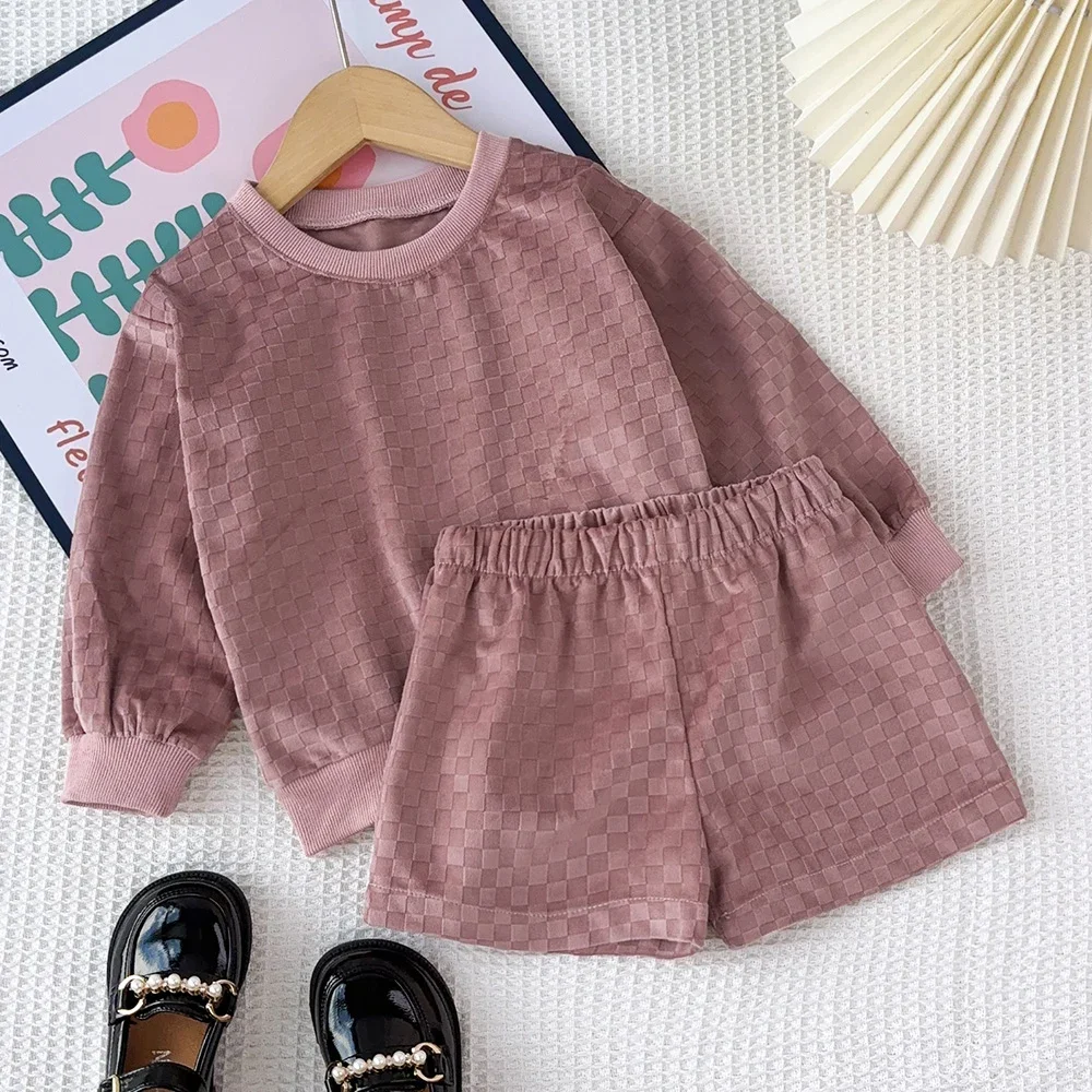 Girl Clothes Dark Pink Checkerboard Long Sleeved Round Neck Top+Shorts Two-piece Sets Autumn Korean Version Children's Clothing