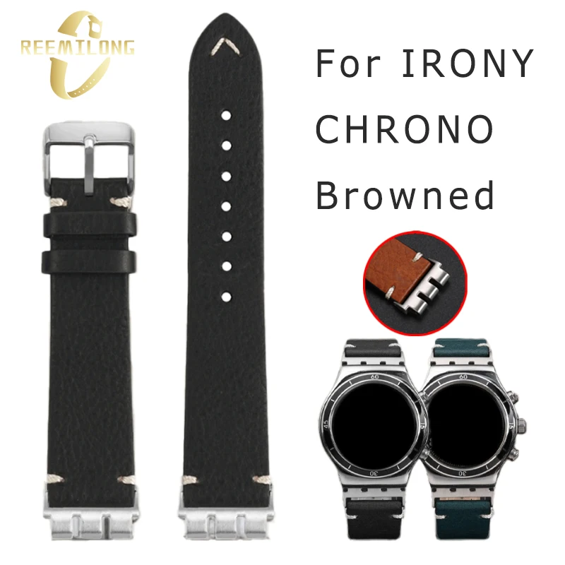 Cowhide lea/ther watch strap 21mm Triple convex joint black dark brown blue green men watchband For SWATCH IRONY CHRONO Browned