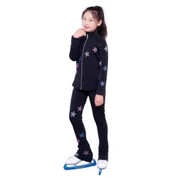 New Ice Figure Skating Jacket Pants Women Girl Trousers Top Black Teens Children Kids Colored Blue Rhinestones Training