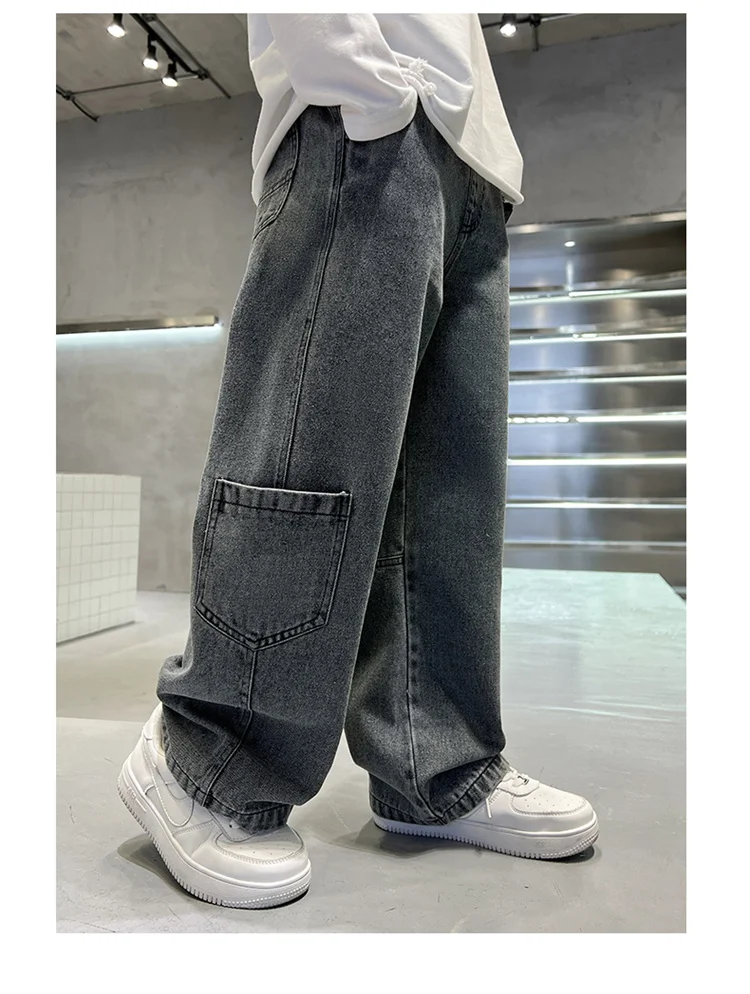 Graue Vintage-Jeans mit Tasche für Jungen, modische High-Street-Denim-Hose, lässige gerade Jeanshose für Teenager. – Detail 2