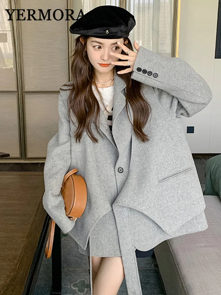 YERMORA Gray Irregular Big Size Elegant Woolen Coat New Lapel Long Sleeve Women Jacket Fashion Tide Autumn Winter 2024