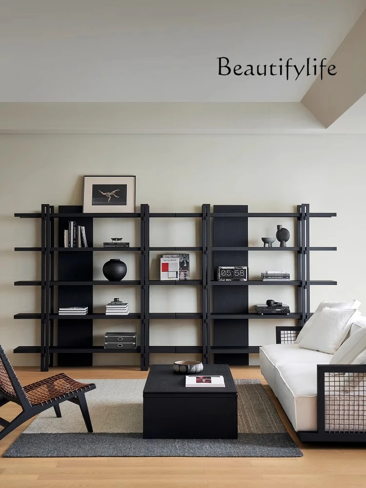 Chiba bookcase floor-to-ceiling integrated solid wood living room against the wall black display wabi-sandy wind shelf designer