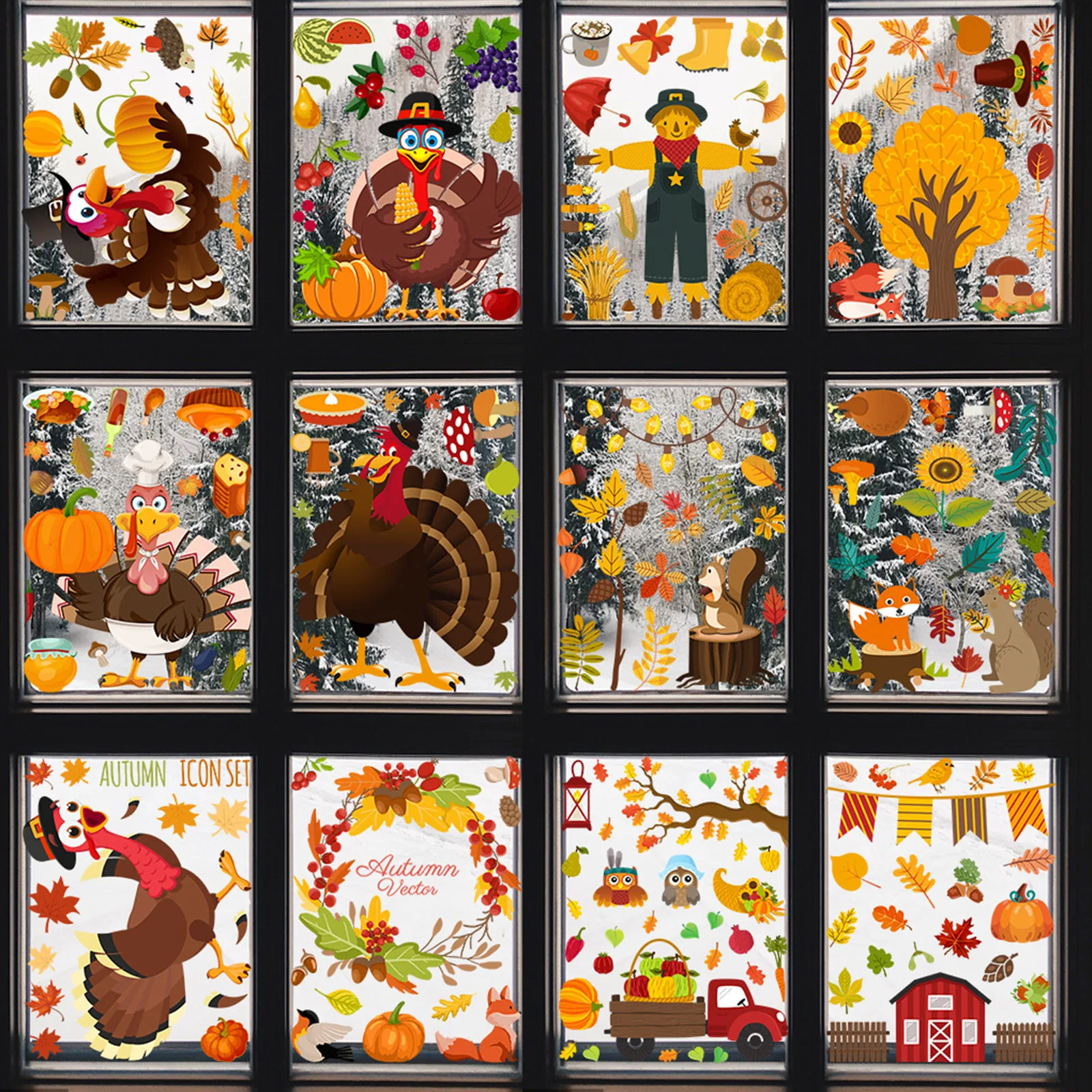 Cartoon Pumpkin Maple Leaf Turkey Window Stickers Thanksgiving Home Decoration Christmas Wall Stickers Kids Room Decal комнаты ﻿