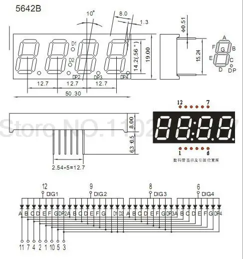 Relógio Digital branco LED Display Tube, tempo de ânodo comum, 7 sete segmentos, 4 bits, 12 pinos, Digittube, 0,56 \