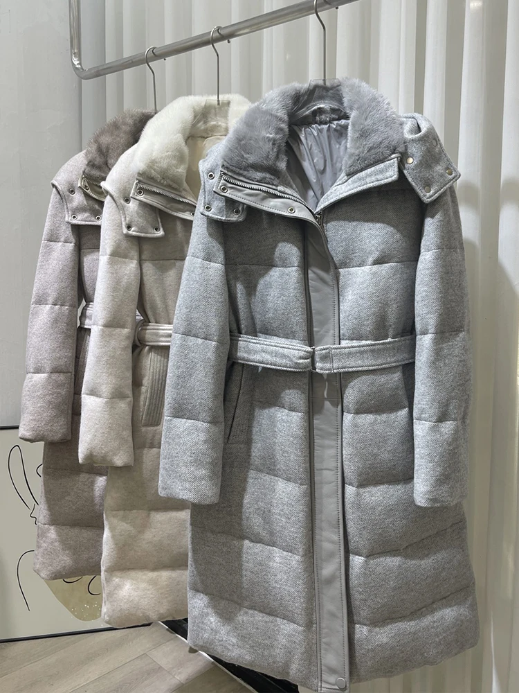 Women Winter Cashmere Goose Down Jacket Real Natural Mink Fur Collar Long Puffer Jackets Thick Female Outwear Coat