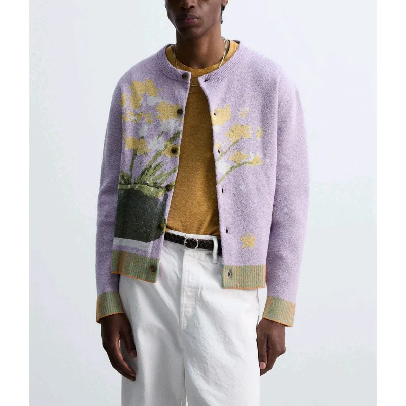 

Autumn New Men's Casual Straight Knitted Sweater Cardigan round Ne Retro Print Outerwear Polyester Fiber ort Sve Long ...