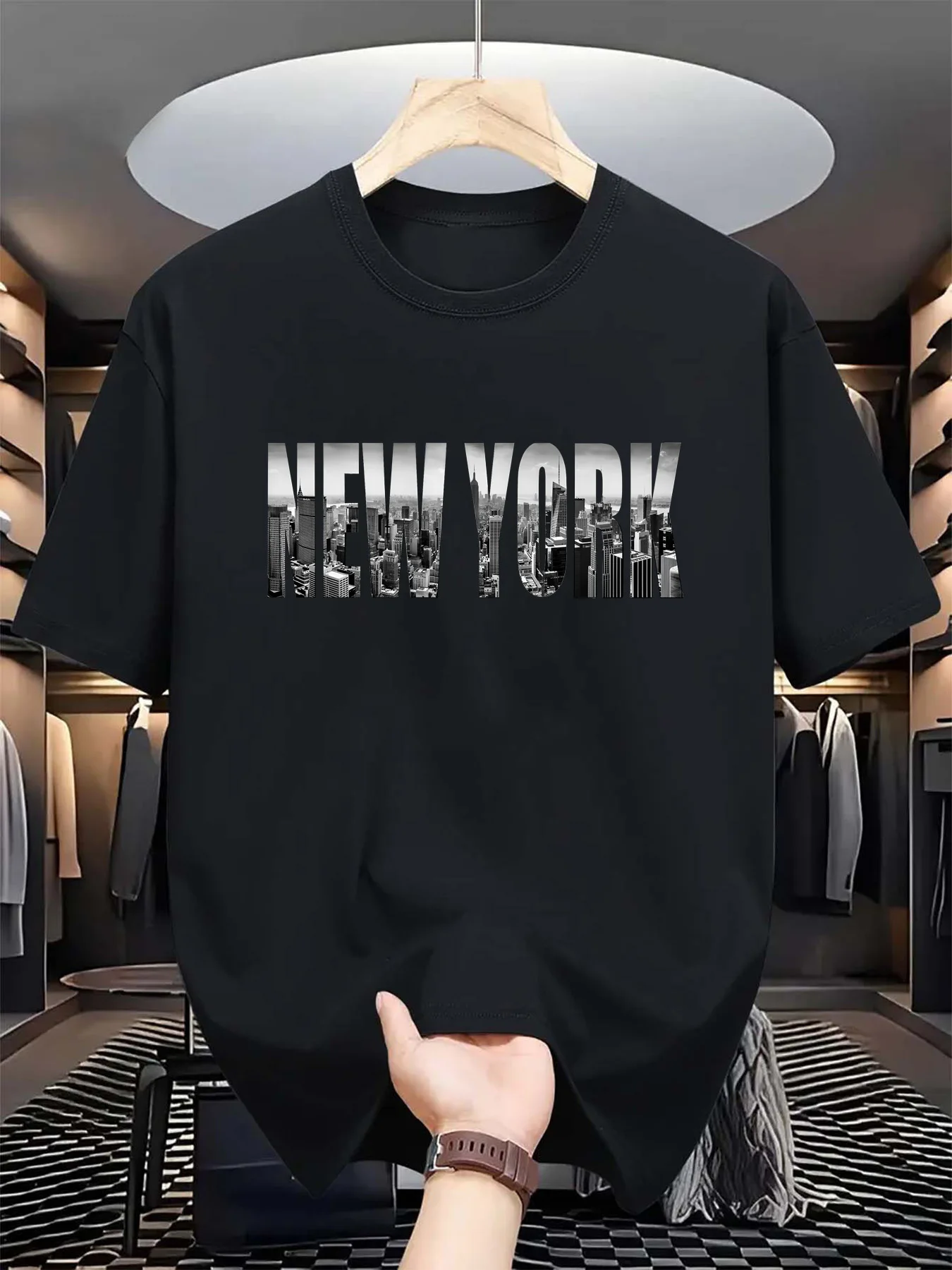 Summer men's 100% pure cotton casual loose plus size New York City printed sports comfortable round neck short sleeved T-shirt image 6