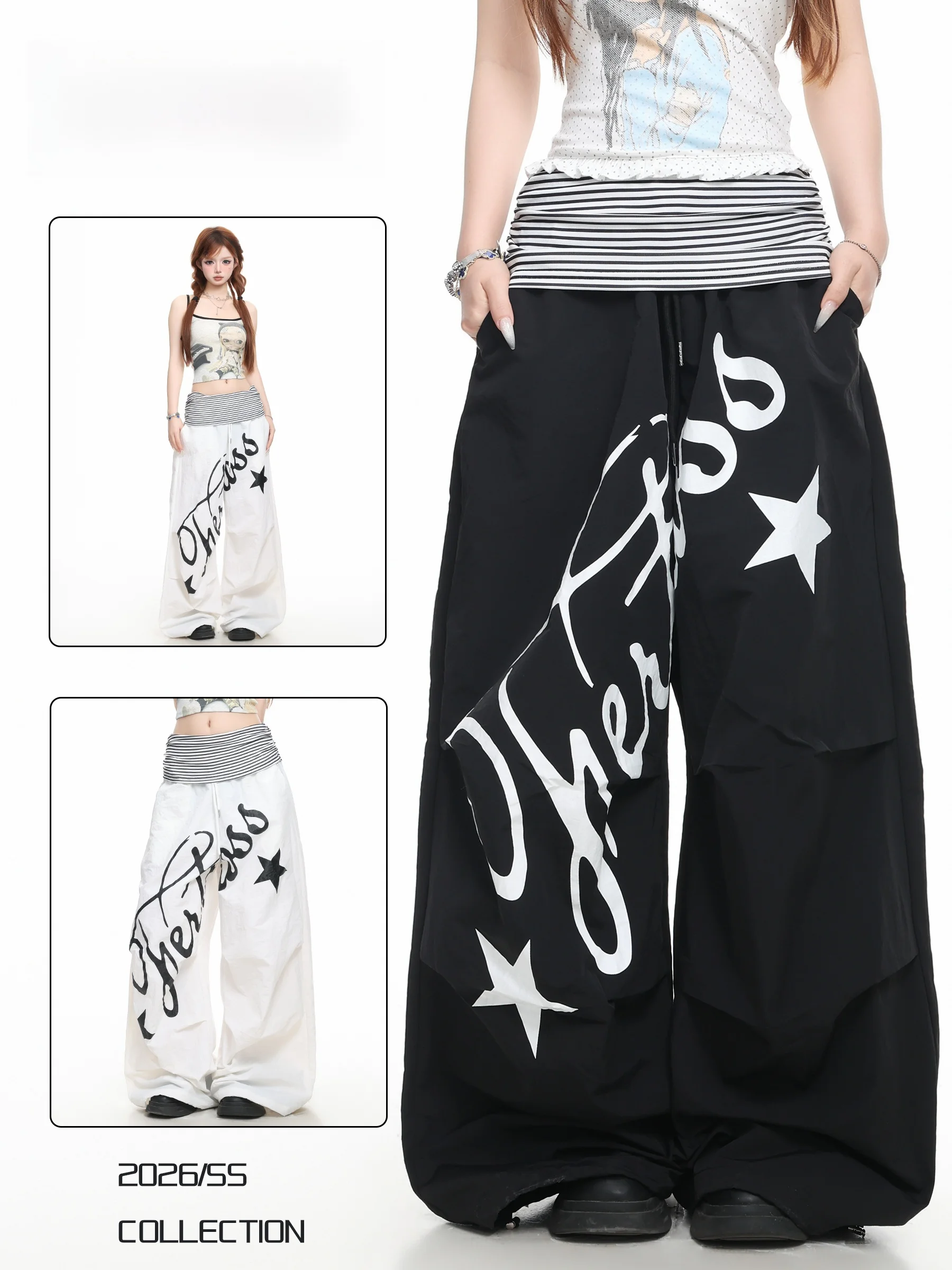 BASTERDS High Waist Striped Patchwork Casual Pants Women's Wide Leg Straight Cut Long Trousers Comfortable Breathable Polyester