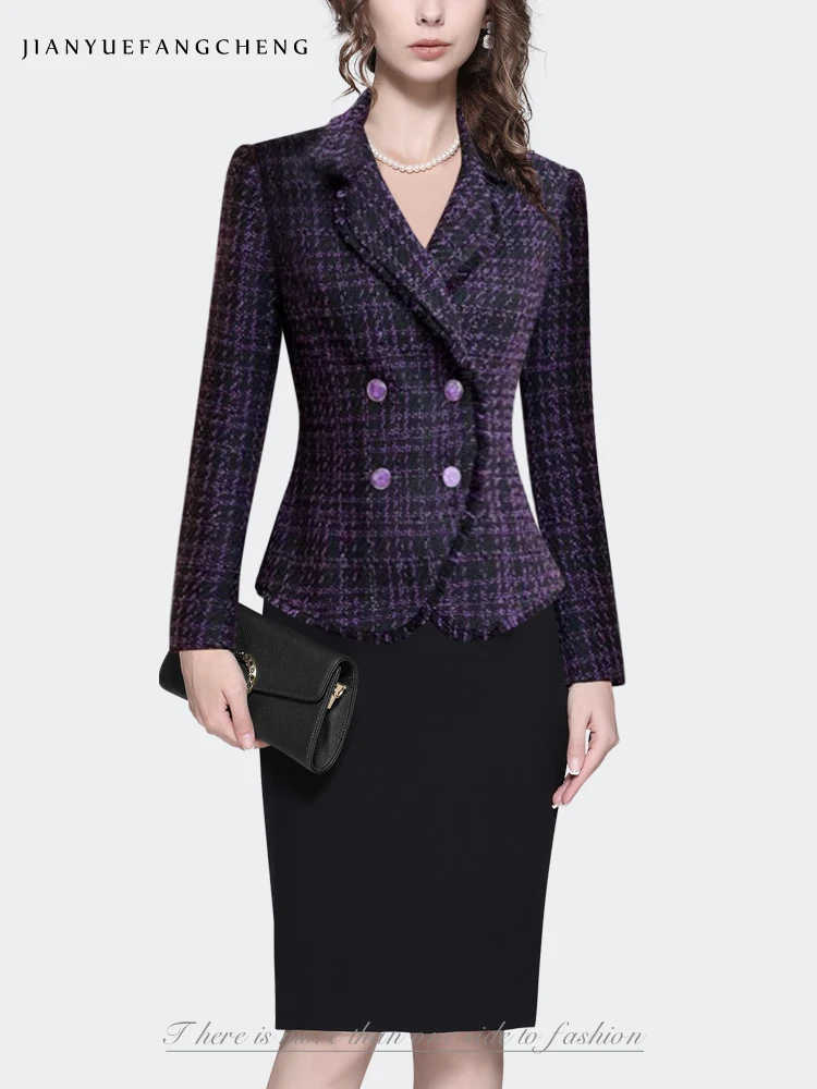 Women\' Long Sleeve Wool-like Knitted Purple Plaid Jacket Elegant Slim Short Fashion Vintage Casual Blazer Short Coat