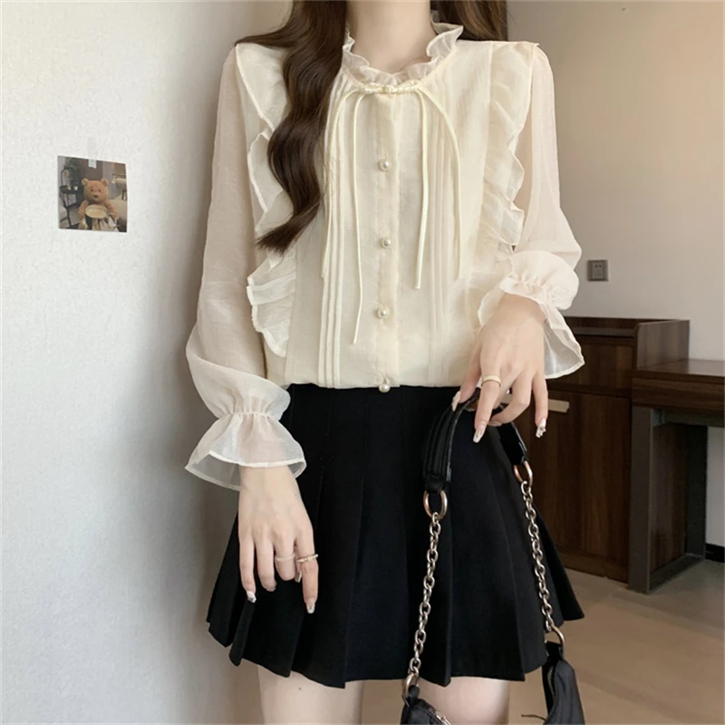 Women\'s Korean Fashion Ruffle Button Up Shirt Fairy Vintage Elegant Long Sleeve Blouse Female Casual Solid Loose Sweet Chic Tops