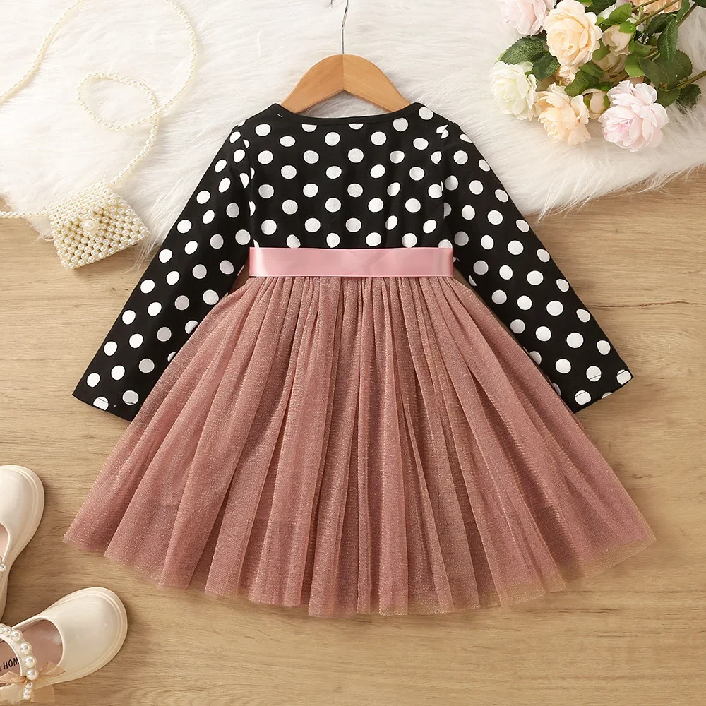 3-8 Years Kids Girls Dress Long Sleeve Polka Dots Mesh Patchwork Dress for Girls Birthday Party Evening Dress Autumn Clothes