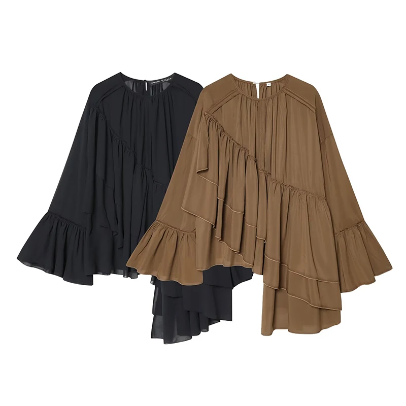 

Women's Shirts Fashion Chiffon Asymmetrical O-Neck Long Sleeve Loose Shirts Autumn Women Blouse Chic Tops