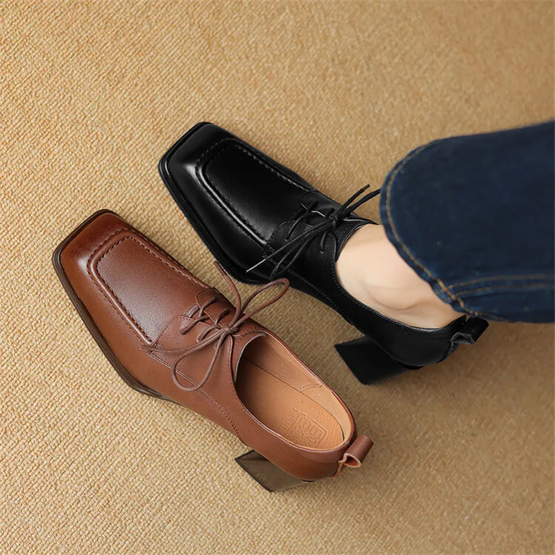 New Spring Genuine Leather Women Shoes French Retro Square Toe Lace Women Pumps High Heels Loafers Shoes for Women Ladies Shoes