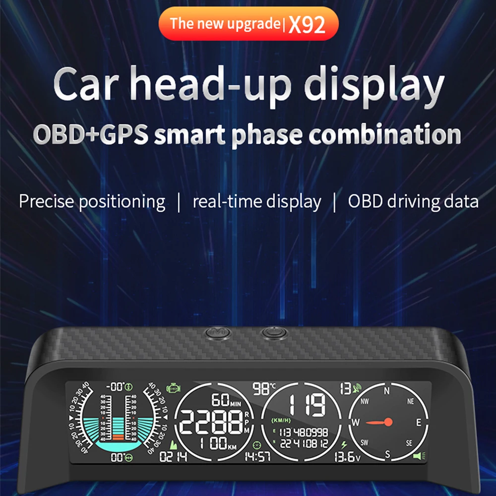 2023 New X92 OBD+GPS Head Up Display Multifunctional car Smart LCD Display Speedometer Compass MPH KM/H Inclinometer