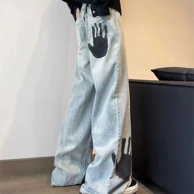 

American Jeans Street Style Print Autumn New Retro Design Drape Versatile Wide Leg Pants Floor Mopping Casual Pants