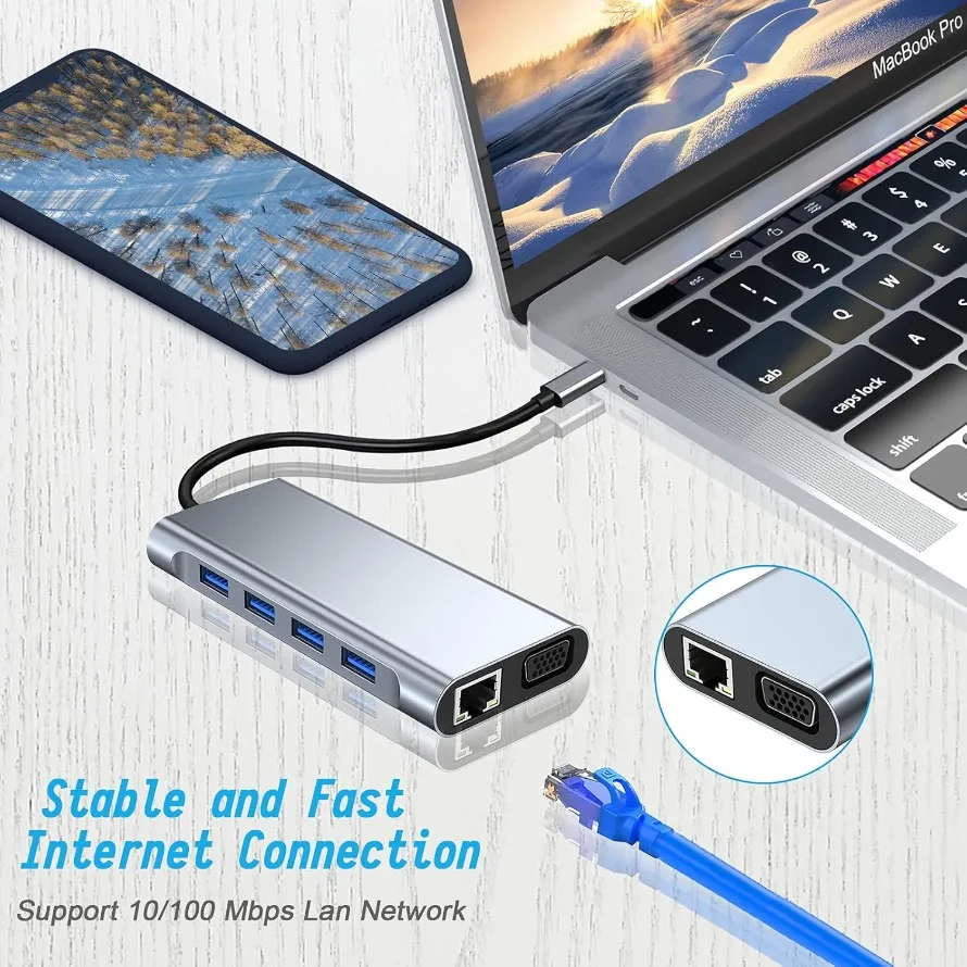 

11-IN-1 Type-C HUB With 4K HDMI-Compatible VGA USB-C PD USB3.0/2.0 RJ45 Ethernet SD/TF Card Reader 3.5mm AUX USB Extension Hub