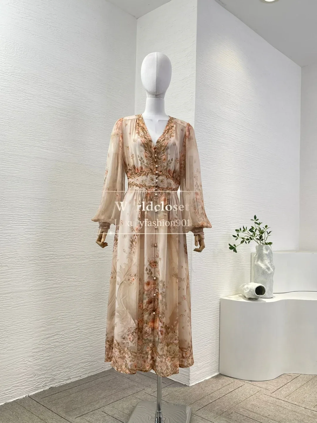 

High Waist Midi Wrap Dress 2025 New Beautiful Nude Pink Floral Print Long Sleeve Pleat
