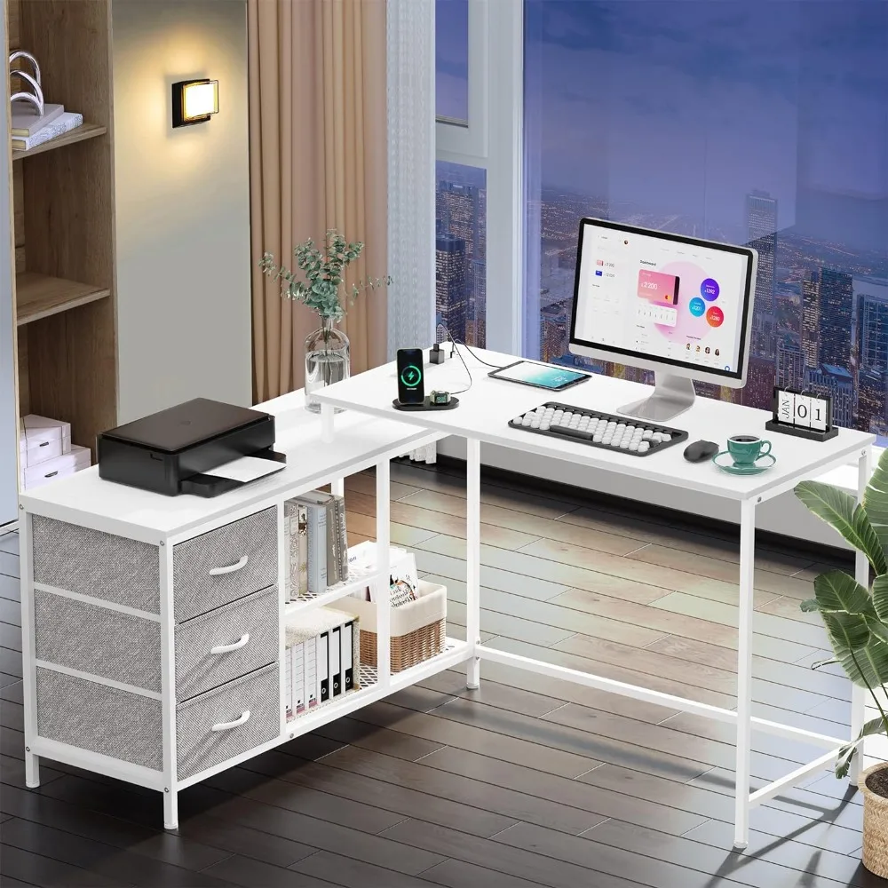 

Standing Desk with Power Outlets, Corner Desk with Drawers & Shelves, Office Table