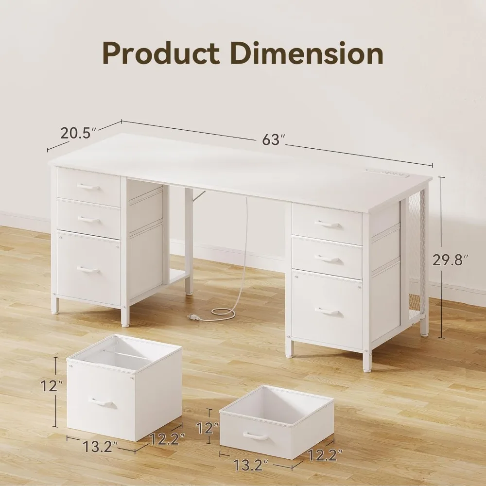 63 inch Office Desk with 6 Fabric Drawers & File Cabinets, Work from Home Computer Desk with Hidden Storage Stand, White