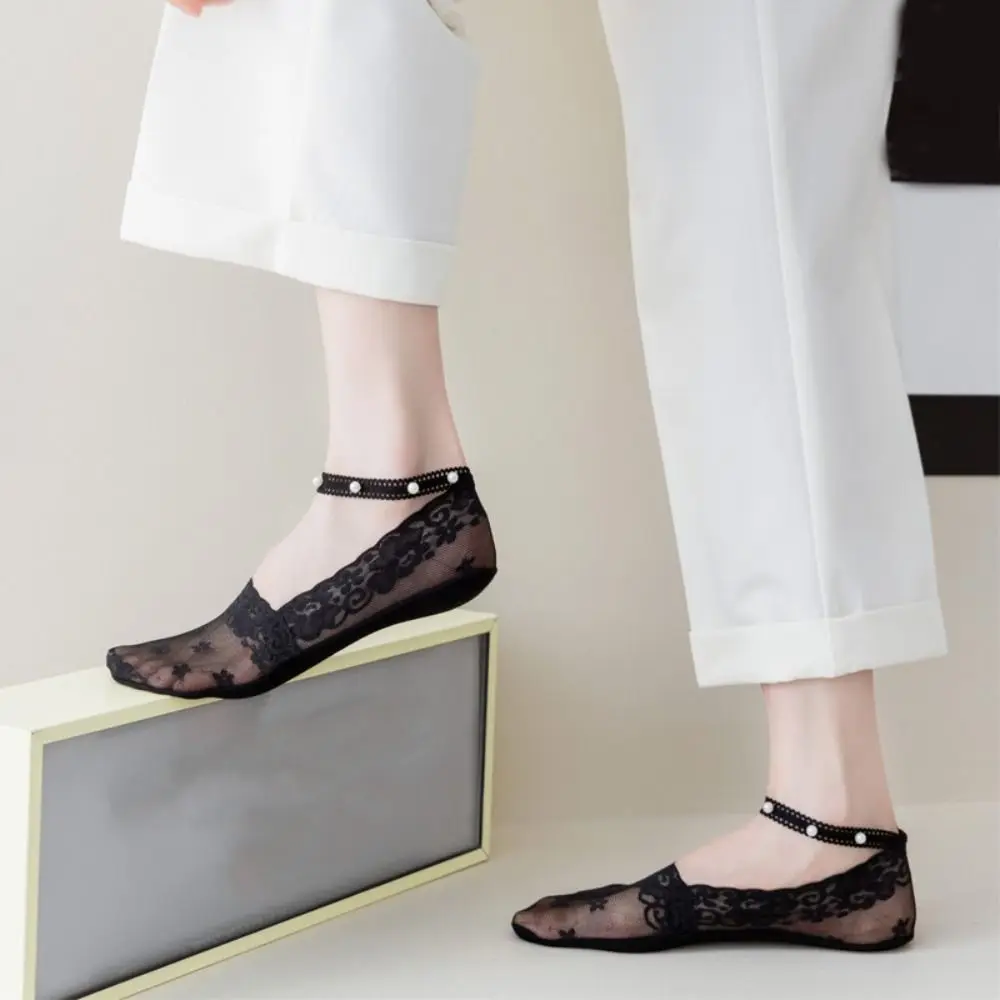 

5Pairs Thin Anti-Slip Pearl Ankle Socks Transparent Breathable Lace Boat Socks Mesh Female Hosiery Invisible Socks Women Women