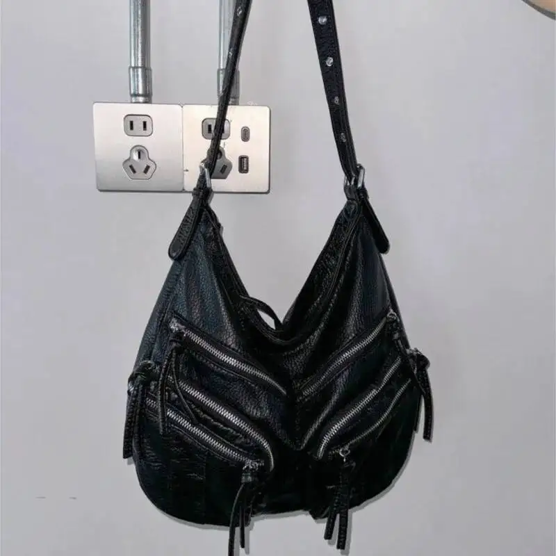 Retro Black Textured Tote Women Leather Large Capacity Multi Pocket Shoulder Ladies Hot Girl Punk Y2k Crossbody Bag 2025