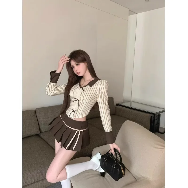 

Sweet Girl Pure Sexy Suit Women's Autumn Bubble Sleeve Shirt Low Waist Pleated Short Skirt Two-piece Set Fashion Female Clothes