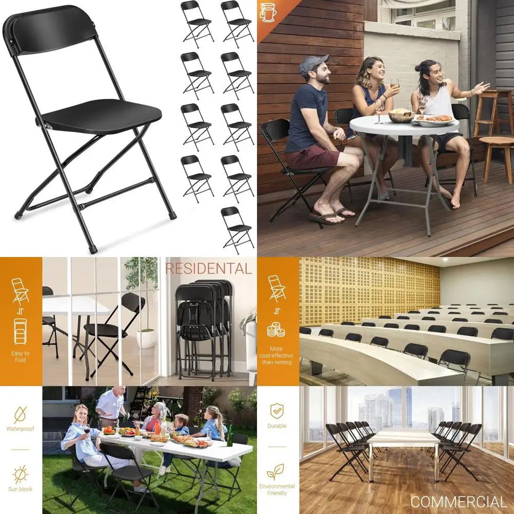 Portable Folding Metal Chairs with Solid Plastic Seats for Outdoor Events, Parties, and Dining - 10 Pack