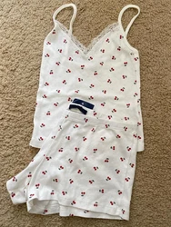 Cherry Print Eyelet 2 Piece Set Women Sexy Lace Trim V Neck Sleeveless Slim Tank Top Summer Sweet Chic Home Cozy Shorts Pajamas