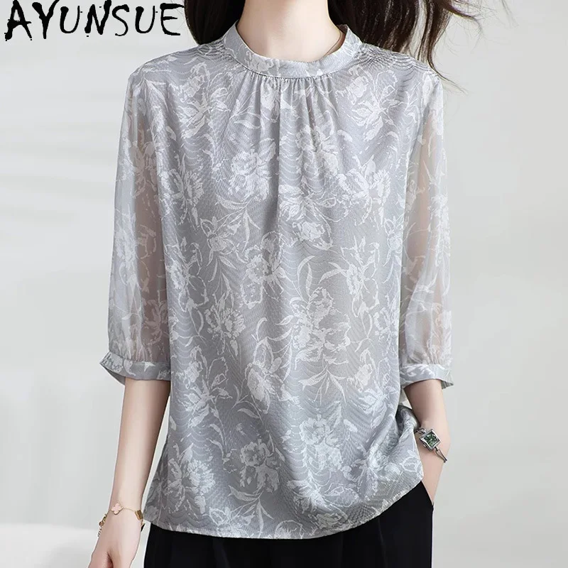 AYUNSUE 92% Silk Women's T-shirts High Quality Floral T Shirt Half Sleeve Tops for Woman Summer Clothes Woman 2026 Топ Женский