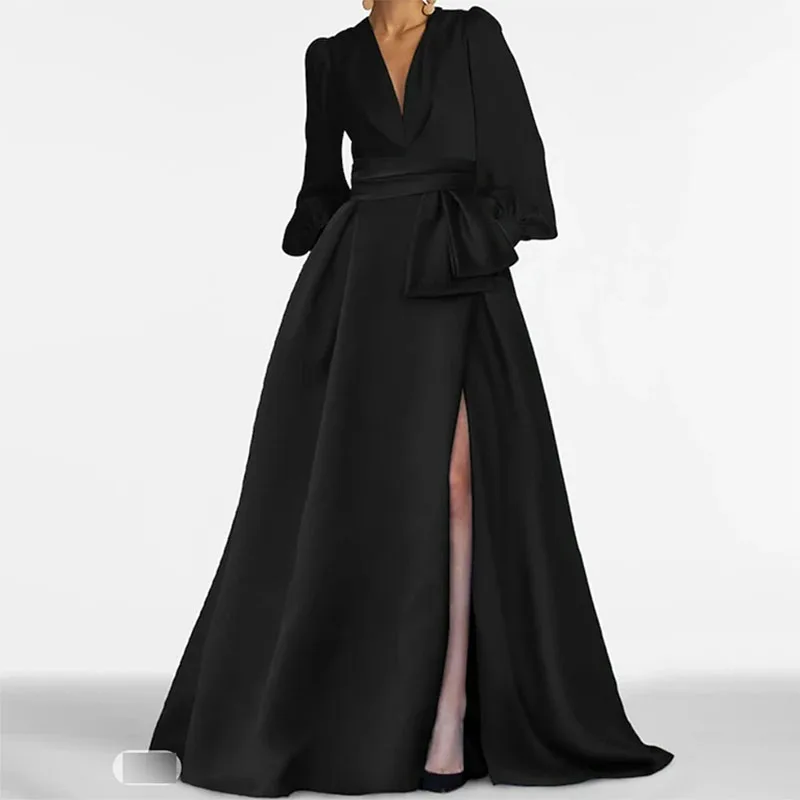 Elegant A-Line Formal Evening Gown Long Sleeve V Neck Satin Floor-Length with Pleats Slit 2024 Wedding Party Prom Gowns