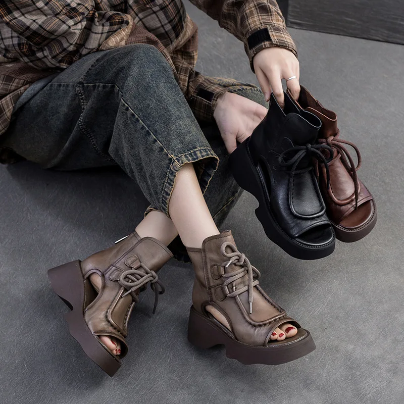 5.5cm Genuine Leather Boots Chimney Women Hollow Ankle Booties Motorcycle Peep Toe Moccasins Fashion Summer Sandals Shoes